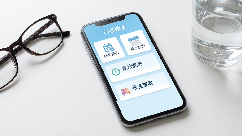 一张展示手机屏幕的正面视图,屏幕中显示“门诊助手”应用主界面,界面包含挂号预约、候诊查询、报告查看三个主要功能卡片,布局简洁清晰,背景为浅蓝色医疗风格,手机放置在白色桌面上,旁边有一副眼镜和一杯水,风格为写实产品摄影,细节丰富,画质清晰干净,无多余元素