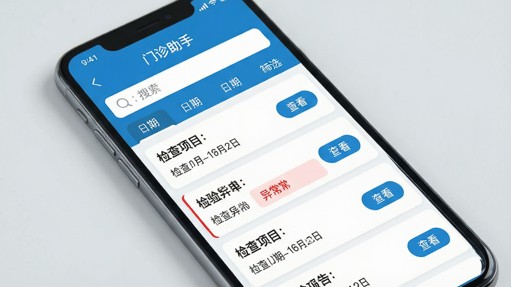 一张展示手机应用界面的图片,屏幕中显示“门诊助手”报告中心页面,页面顶部有搜索框与筛选标签,下方列表展示多条检验报告条目,每条包含检查项目名称、日期与“查看”按钮,其中一条标注红色异常提示,界面风格为简洁医疗蓝白配色,手机斜放在浅灰色背景上,画质清晰干净,无多余元素