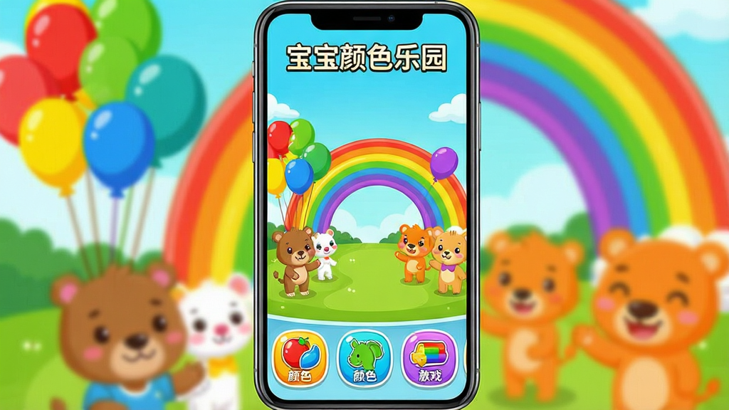 一张展示宝宝颜色乐园主界面的手机应用截图,画面中央是色彩缤纷的卡通乐园场景,包含红黄蓝绿紫橙六种颜色的气球、彩虹拱门和可爱的动物角色,顶部显示软件名称“宝宝颜色乐园”,底部有多个颜色认知游戏入口按钮,整体风格明亮活泼,适合儿童使用,画质清晰,干净无多余元素