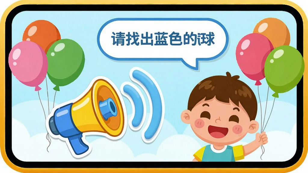 宝宝颜色乐园语音互动场景,一个卡通小喇叭图标正在发出声波,旁边是小朋友笑脸和彩色气球,屏幕上显示语音提示气泡“请找出蓝色的气球”,整体风格活泼明快,画质清晰,干净无多余元素