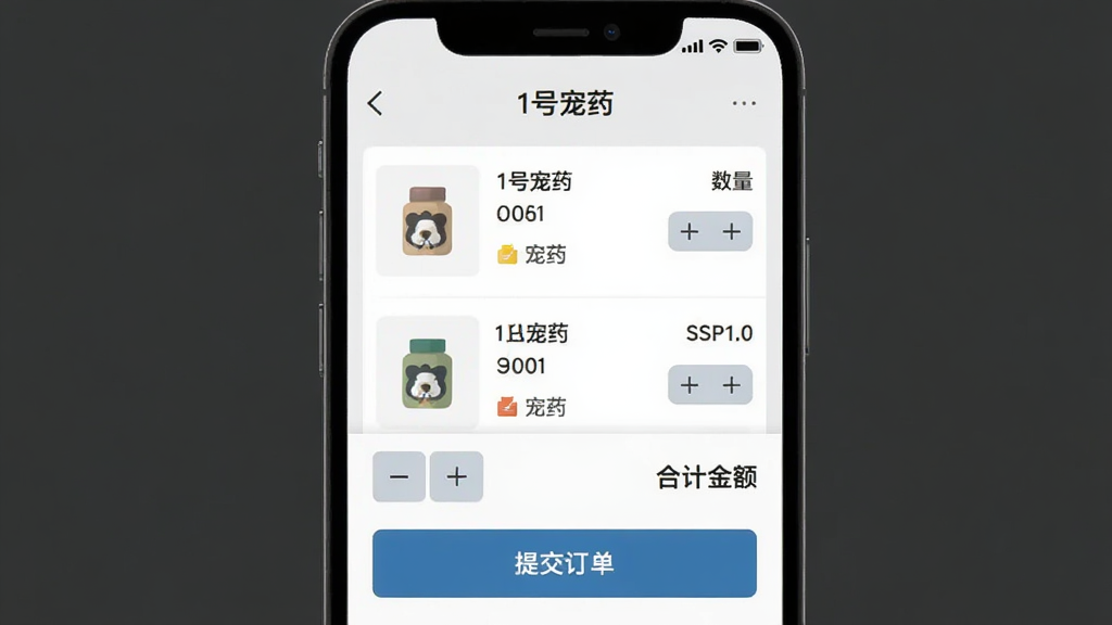 手机界面展示“1号宠药”购物车与结算页面,包含商品清单、数量加减按钮、合计金额和提交订单按钮,背景为浅灰色,界面元素简洁,扁平商务风格,构图居中,细节清晰,画质干净,无多余元素