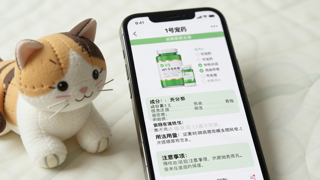 智能手机屏幕特写,显示“1号宠药”药品详情页,页面上有药品图片、成分表、用法用量文字块和注意事项提示框,旁边放着一只安静的猫咪玩偶;构图居中偏右,白色与淡绿色配色,写实风格,细节清晰,画质高清,无多余元素