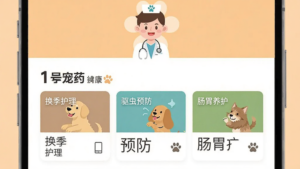 手机屏幕展示“1号宠药”健康资讯列表页,标题包含换季护理、驱虫预防、肠胃养护等文章卡片,页面顶部有宠物医生卡通形象,背景为浅橙色,扁平化设计风格,布局整洁,细节干净,画质清晰,无多余元素