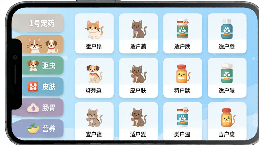 手机界面展示“1号宠药”分类导航页,左侧竖排猫咪、狗狗、驱虫、皮肤、肠胃、营养等标签,右侧为对应的药品卡片网格,卡片上标注适用症状小图标;画面居中,浅蓝色渐变背景,扁平插画风格,细节清晰,画质干净,无多余元素