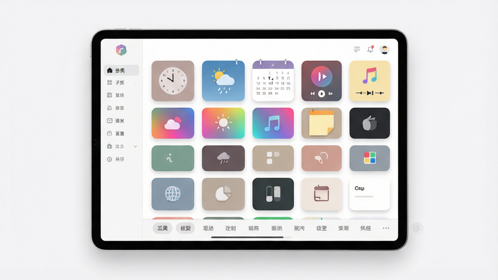 一张展示软件组件库界面的效果图,画面主体为一个悬浮的平板屏幕,屏幕上以网格形式排列着数十个不同风格的小组件缩略图,包括时钟、天气、日历、音乐播放器、便签等类型,每个缩略图配色各异,有莫兰迪色系、霓虹渐变色系和纯色极简系,屏幕下方有一个横向滚动的分类标签栏,整体布局为左右分栏结构,左侧为分类导航,右侧为组件预览区,风格为现代UI设计展示图,细节上每个组件卡片带有圆角与轻微投影,画质高清,画面干净整洁,图片中不出现可读文字