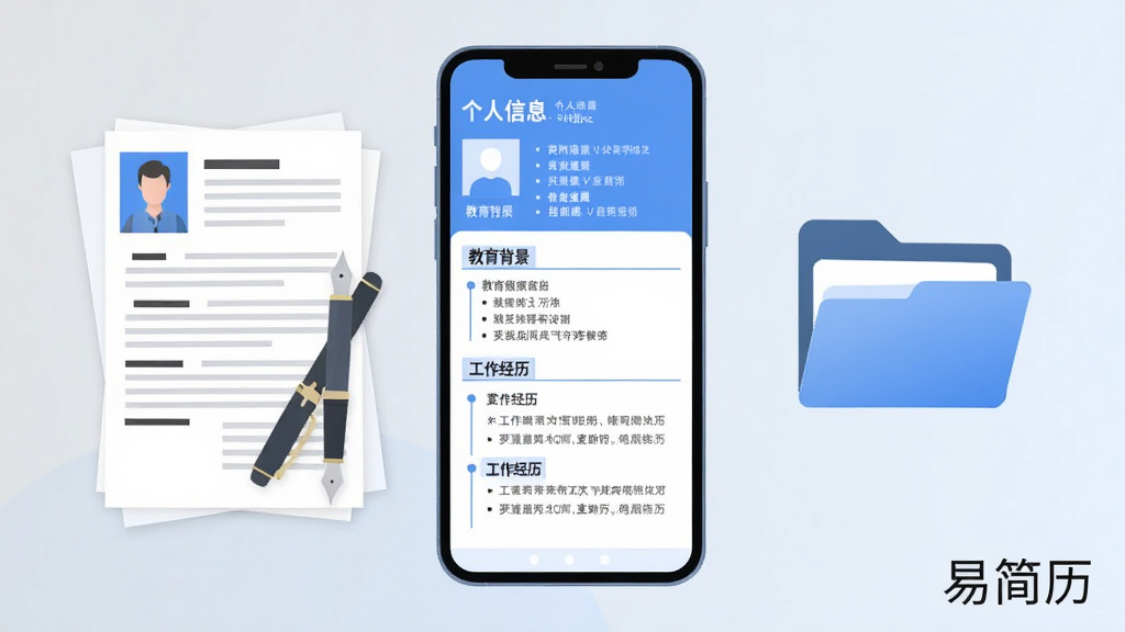 画面中央放置一部竖屏智能手机,手机屏幕上显示一份排版整齐的蓝色系求职简历界面,界面中包含个人信息栏、教育背景栏与工作经历栏,手机左侧摆放一叠纸质简历与一支钢笔,右侧放置一个简洁的文件夹图标,整体采用扁平化插画风格,背景为浅灰与淡蓝渐变,构图居中对称,细节干净利落,画面中可出现“易简历”三个字作为软件标识,画质清晰,无多余装饰元素