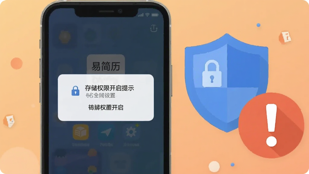 画面展示一部手机屏幕出现提示弹窗,弹窗内容为存储权限开启提示,手机旁边放置一个盾牌图标与一个感叹号图标,象征权限设置与安全提醒,背景为浅橙色渐变,整体采用扁平化信息图风格,构图居中,细节清晰,画面中可出现“易简历”字样,画质干净,无多余装饰