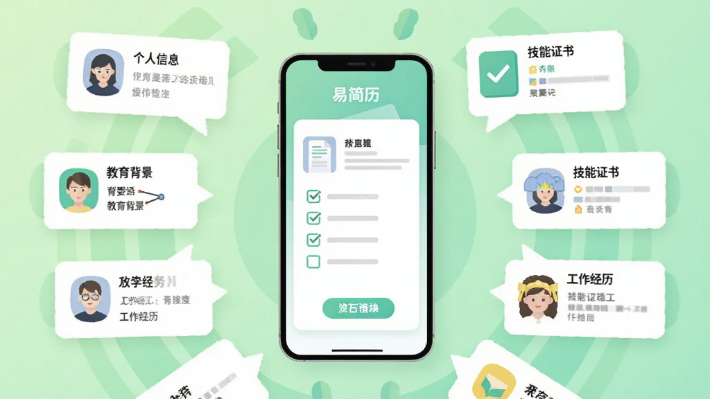画面以一部手机为中心,手机屏幕显示简历模块勾选界面,屏幕四周环绕着个人信息、教育背景、工作经历、技能证书等模块图标,部分图标呈勾选状态,背景为柔和的浅绿色渐变,整体采用简洁扁平插画风格,构图呈环形放射状,细节清晰,画面中可出现“易简历”文字标识,画质干净,无多余元素
