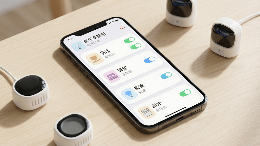 一张展示享乐享智家应用设备管理界面的图片,画面主体为手机屏幕特写,屏幕内呈现按客厅、卧室、厨房分组的设备列表,每个设备配有图标与开关状态,手机斜放在浅色桌面上,旁边散落几个迷你智能传感器模型,布局为手机占据画面中心、模型点缀四周,风格为清新简约科技风,细节包括屏幕UI卡片圆角、图标色彩柔和、桌面光影自然,画质清晰干净无多余元素