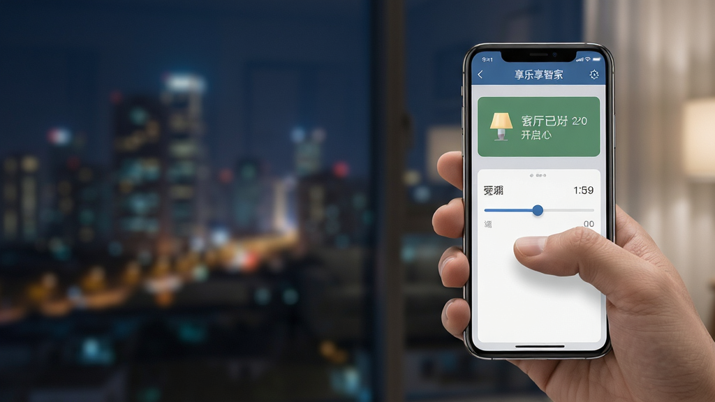 一张展示享乐享智家远程控制功能的图片,画面主体是一只手握着手机,手机屏幕显示享乐享智家远程控制界面,界面上有客厅灯已开启的状态提示与空调温度调节滑块,背景为虚化的城市夜景窗外景色,布局为手与手机位于画面右侧、左侧留出夜景空间,风格为现代生活写实风,细节包括手机屏幕亮度自然、手指按压动作清晰、夜景灯光虚化柔和,画质高清干净无多余元素