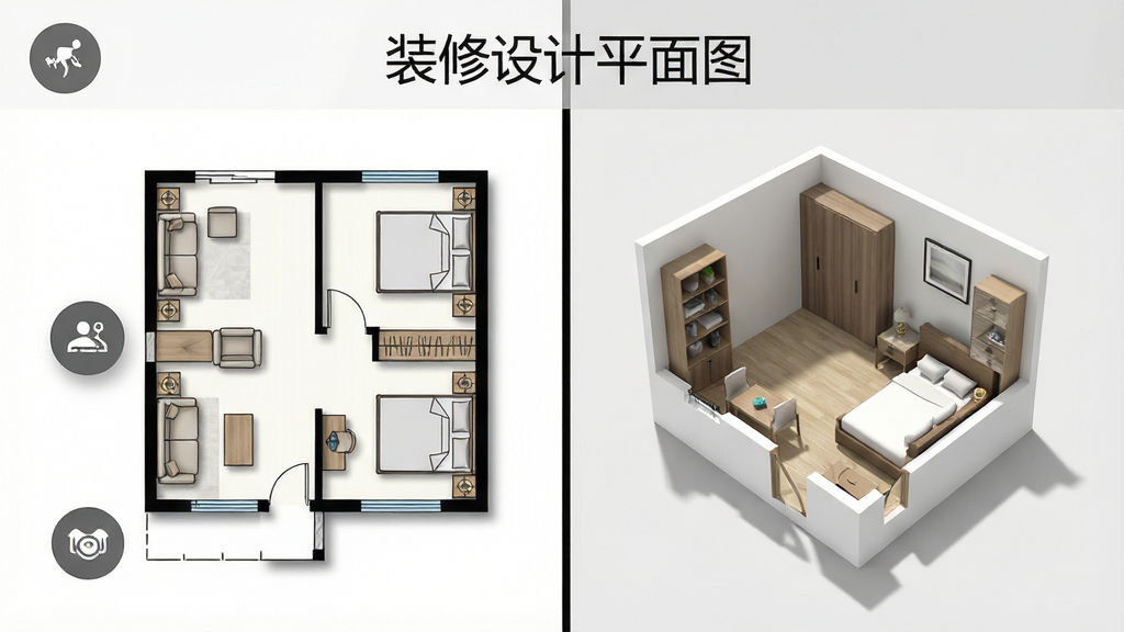 手机屏幕分屏展示装修设计平面图,左半边是二维平面户型图,右半边是同一户型的简易三维立体视角,能看到沙发、床、柜体的高度关系,顶部有“装修设计平面图”标题,布局为左右对比构图,风格写实简洁,细节包括视角切换按钮与阴影层次,画质清晰,无杂乱背景