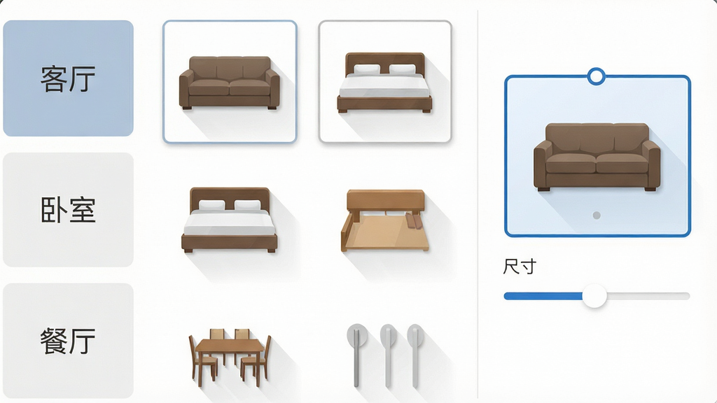 装修设计平面图软件内的家具图库页面,画面左侧是分类标签“客厅”“卧室”“餐厅”,中间是沙发、双人床、餐桌的图标网格,右侧是选中沙发后的尺寸调节滑杆,整体布局为三栏式,风格清爽扁平,细节包括图标阴影与选中高亮边框,画质高清,画面干净,无多余装饰