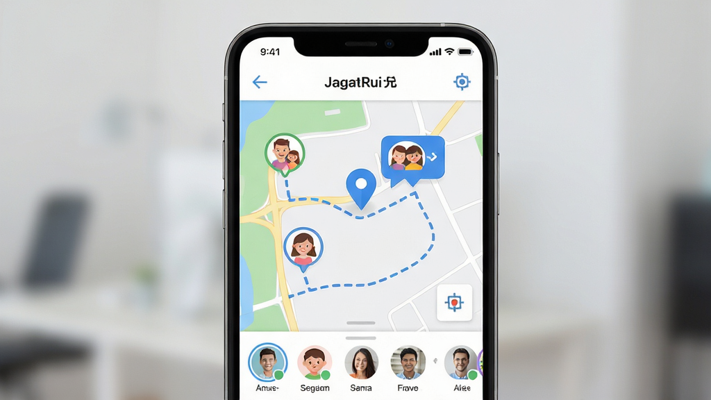 Jagat果汁儿实时位置共享界面,主体为手机屏幕中的地图画面,布局为顶部状态栏加中部地图加底部成员头像列表,排版简洁清晰,风格为现代扁平化UI设计,细节包含蓝色定位标记、家人头像气泡、路线轨迹虚线,画质高清干净无多余元素