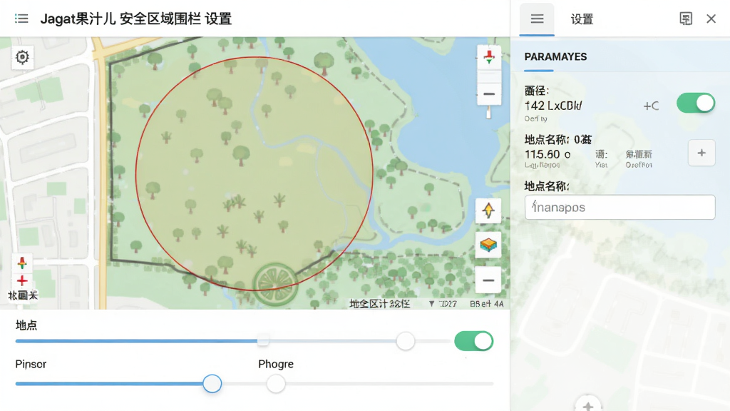 Jagat果汁儿安全区域围栏设置页面,主体为地图上绘制的圆形区域与设置面板,布局为上方地图下方参数滑块,排版左右分栏,风格为清爽浅色系工具类界面,细节包含半径数值、开关按钮、地点名称输入框,画质清晰干净无多余元素
