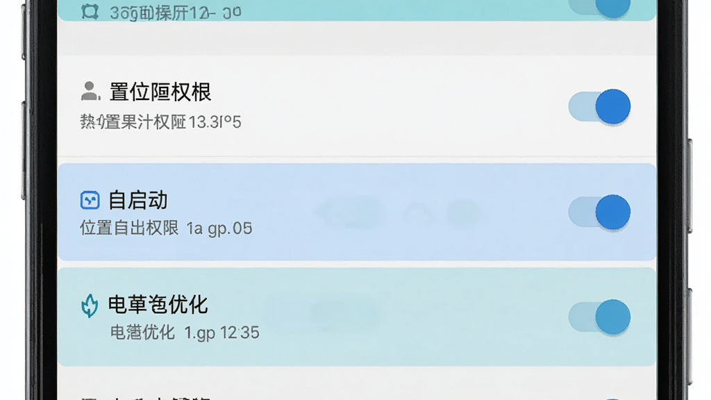 Jagat果汁儿安卓手机权限设置操作示意图,主体为手机屏幕中的权限管理列表,布局为纵向排列的权限开关项,排版清晰分层,风格为浅色系系统设置界面,细节包含位置权限、自启动、电池优化三个高亮条目,画质高清干净无多余元素