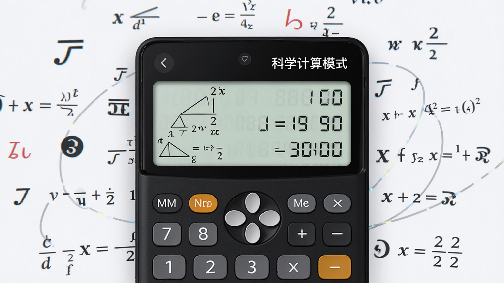 一张展示“计算器全能王”科学计算模式的界面截图风格图片,画面中央是深色背景的计算器界面,屏幕上清晰显示三角函数公式与计算结果,周围环绕着数学符号和公式的抽象装饰元素,排版以计算器屏幕为视觉中心,风格为科技感UI展示,细节精致,画质清晰,干净利落