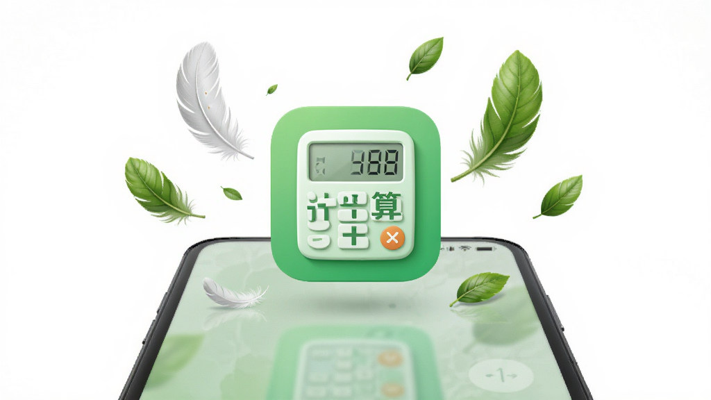 一张以“计算器全能王”轻量绿色为主题的创意图片,画面中央是一个小巧的App图标悬浮在手机屏幕上方,周围环绕着羽毛、绿叶等象征轻量的元素,背景为纯白色,排版居中对称,风格为极简产品概念图,细节干净,画质细腻,无多余装饰