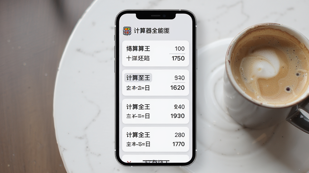 一张展示“计算器全能王”历史记录功能的手机界面图片,屏幕中央是竖向排列的历史计算记录列表,每条记录包含算式与结果,界面采用卡片式设计,背景为浅灰色,手机旁边放置着一杯咖啡,风格为生活化产品展示,细节清晰,画质高清,干净整洁