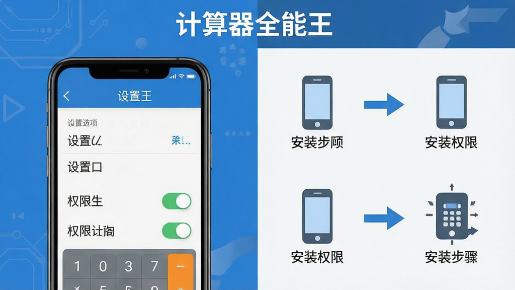 一张展示“计算器全能王”使用指南的示意图,画面左侧是手机界面展示设置选项与权限开关,右侧用简洁的图标和箭头标注安装步骤,布局为左右分栏信息图风格,色彩以蓝色和灰色为主,细节清晰,画质干净,无多余文字装饰
