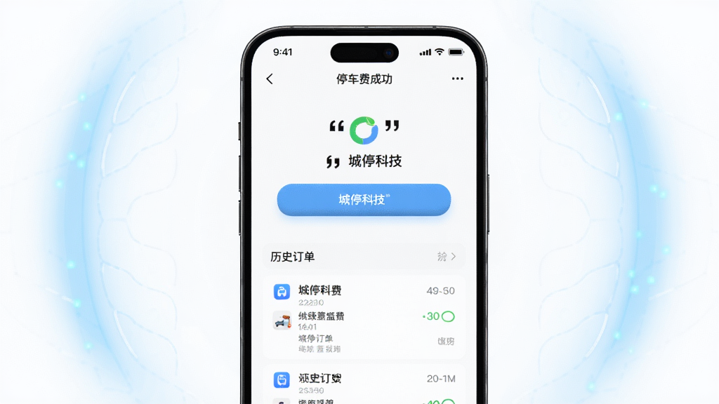 画面中心为一部智能手机特写,屏幕上显示停车缴费成功页面与历史订单列表,界面中以引号标注“城停科技”字样。布局采用居中对称构图,手机两侧有淡蓝色光晕装饰。风格为科技产品展示风,光线干净明亮,细节上突出屏幕UI的清晰度与按钮的质感。画质高清,背景纯净无多余元素。