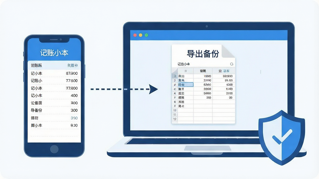 一部手机与一台笔记本电脑并排摆放,手机屏幕显示记账小本的账目列表,电脑屏幕上展示导出的表格文件;两者之间有一条虚线箭头连接,象征数据导出与备份;画面右下角有一个盾牌图标代表安全防护;整体采用清爽的蓝白配色扁平插画风格,细节简洁,画质清晰,屏幕中可见文字“记账小本”和“导出备份”。