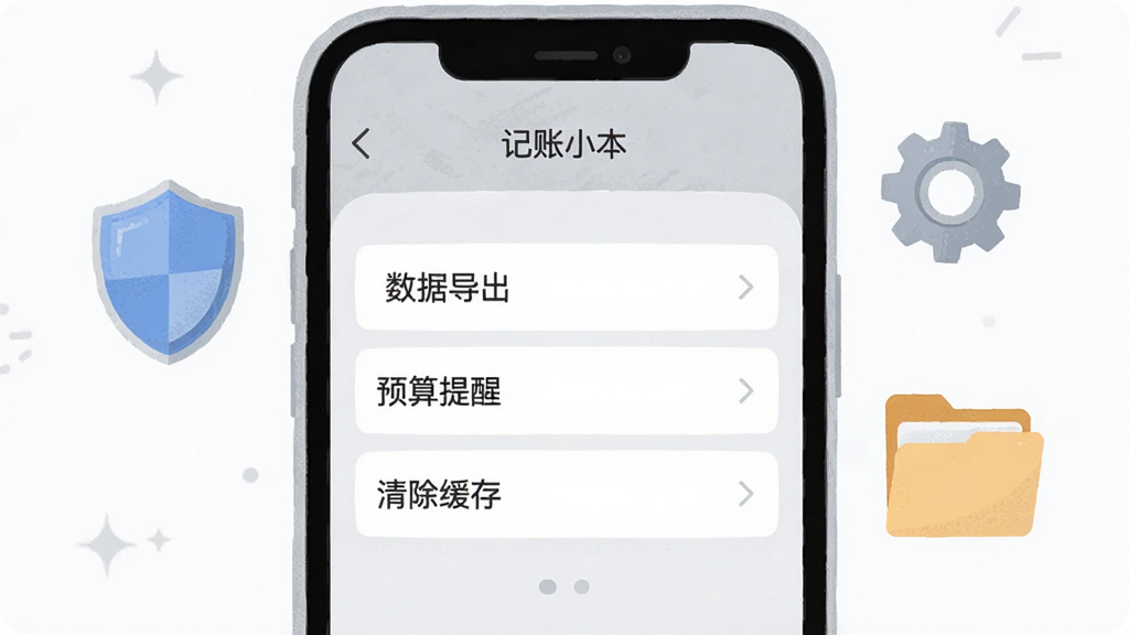 一部手机屏幕显示记账小本的设置页面,可见“数据导出”“预算提醒”“清除缓存”等选项,屏幕旁边漂浮着盾牌、齿轮和文件夹图标;画面采用浅灰色质感扁平插画风格,布局清晰,细节干净,画质明亮,界面顶部文字为“记账小本”。