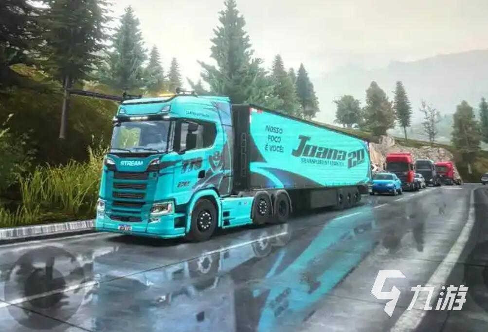 运输卡车模拟器Transporter Sim - Transport Games 雨天山路驾驶 重载卡车转弯场景