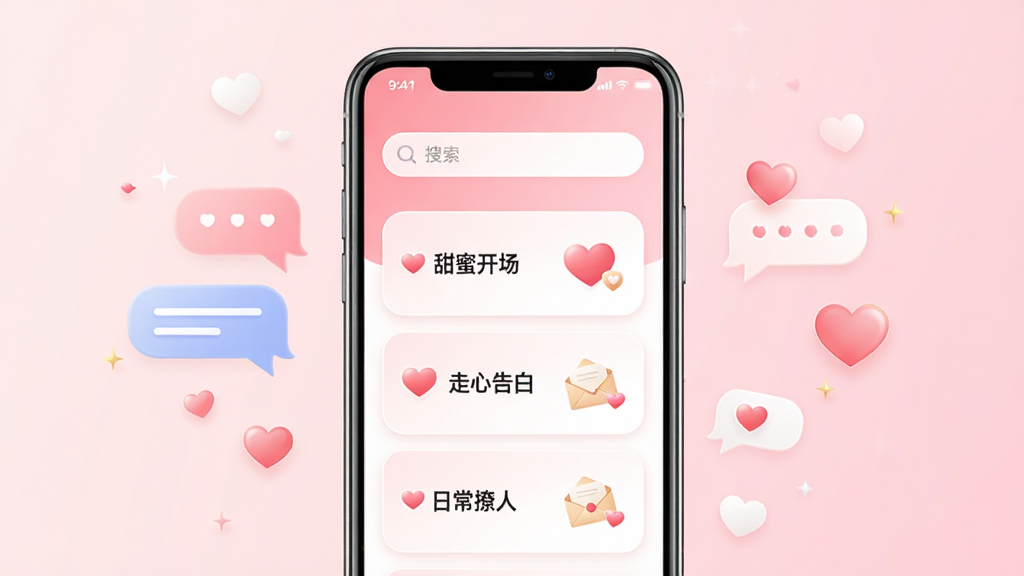 画面中央是一部竖屏智能手机,屏幕内展示“情话微甜”应用的主界面,界面采用柔和的粉白渐变配色,上方有搜索框,中间排列着“甜蜜开场”“走心告白”“日常撩人”等分类卡片,卡片上点缀爱心与小信封图标;手机两侧漂浮着对话气泡与爱心符号,背景为浅粉色渐变,整体风格清新治愈,细节精致,画质干净清晰,无多余元素,适合软件下载站展示