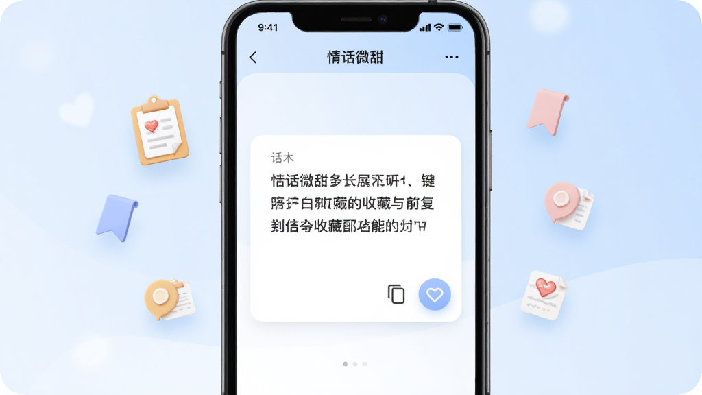 画面展示“情话微甜”软件内的一键复制与收藏功能示意,手机屏幕中央是一张话术卡片,卡片右下角有复制图标与爱心收藏按钮,周围漂浮着剪贴板、书签等小图标,背景为淡蓝色渐变,风格清爽简约,排版居中,画质干净,无多余元素