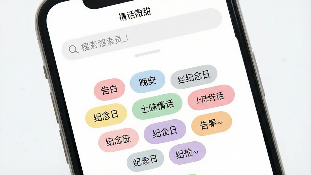 一张展示“情话微甜”软件搜索与分类检索功能的图片,手机界面顶部为搜索框,下方为彩色标签云,标签包括“告白”“晚安”“土味情话”“纪念日”等,标签颜色柔和多样,背景为白色,风格清新素雅,排版错落有致,画质干净,无多余元素