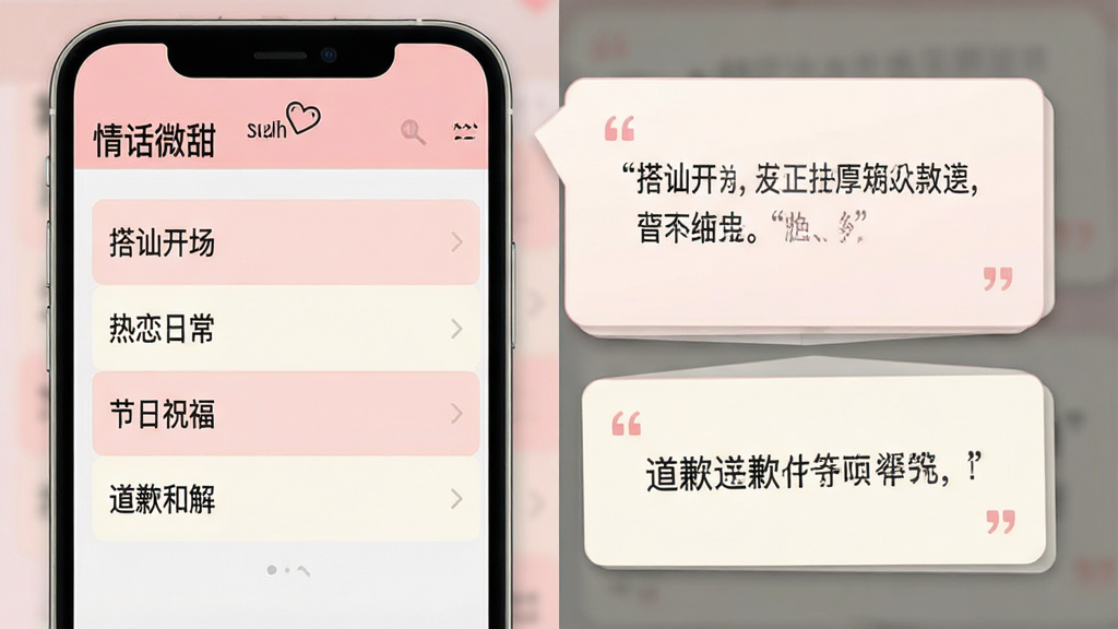 一张横向构图的应用功能展示图,画面左侧为“情话微甜”软件的分类列表界面,列出“搭讪开场”“热恋日常”“节日祝福”“道歉和解”等条目,右侧为展开的话术卡片,卡片内文字以引号标注示例短句,整体采用浅粉与米白配色,风格简洁明快,排版整齐,画质干净,无多余元素