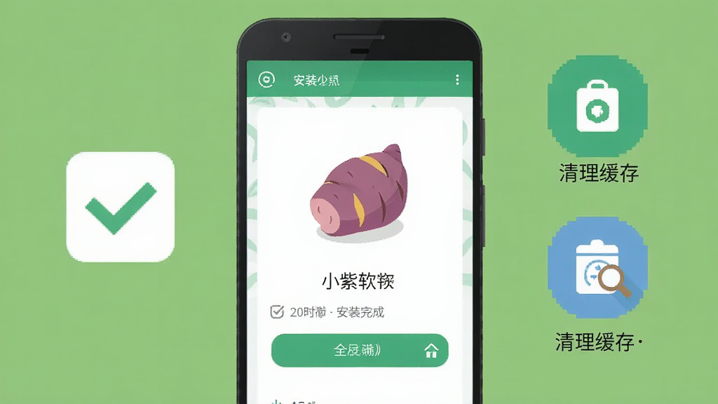 一部安卓手机屏幕显示小紫薯软件安装完成界面,旁边有勾选权限的示意图标和清理缓存的图标,主体位于画面中央,布局清晰,风格为扁平化教程插画,细节干净,画质高清,无多余元素