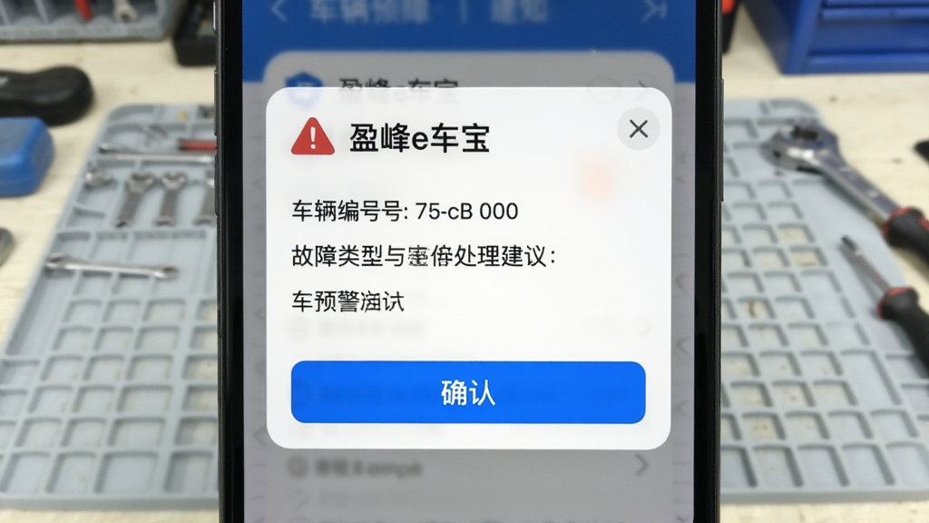手机界面弹出“盈峰e车宝”故障预警通知卡片,卡片包含车辆编号、故障类型与处理建议按钮,背景为浅灰色工作台场景,风格简洁实用,细节含红色预警图标与蓝色确认按钮,画质清晰干净