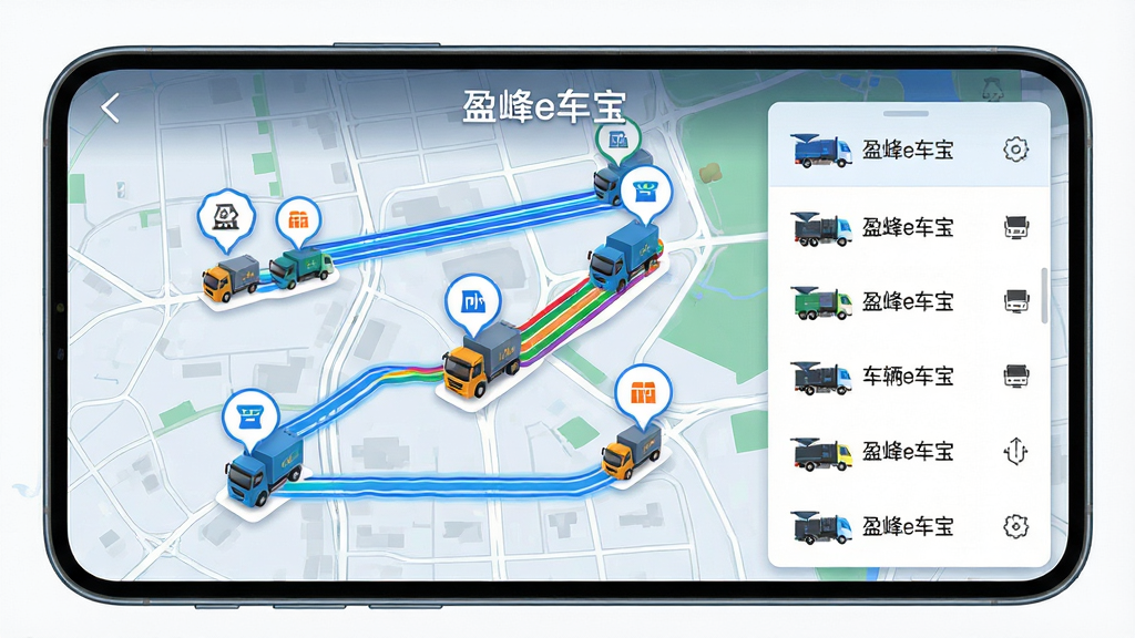 手机地图界面显示多辆环卫车定位图标与彩色轨迹线,屏幕上方标注“盈峰e车宝”字样,布局为地图占主视觉、侧边浮层显示车辆列表,风格现代科技感,细节含蓝色轨迹线与定位气泡,画质高清干净