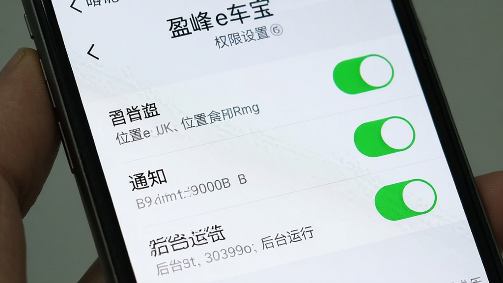 手机屏幕显示“盈峰e车宝”权限设置页面,包含位置、通知、后台运行三个开关项,布局为列表式设置界面,风格清爽浅色,细节含绿色开启状态标识与说明文字,画质清晰干净