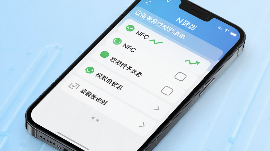 �ֻ���Ļ��ʾ�豸�����Լ���嵥���棬�嵥�а���NFC����״̬��Ȩ������״̬����Ŀ��ÿ��ǰ��״̬ͼ�ꣻ����Ϊ�ֻ�б����д������Ϊǳ�����䣬���Ƽ���࣬ϸ��ͻ���嵥�������㼶�����ʸ��壬����ɾ����޶���Ԫ��