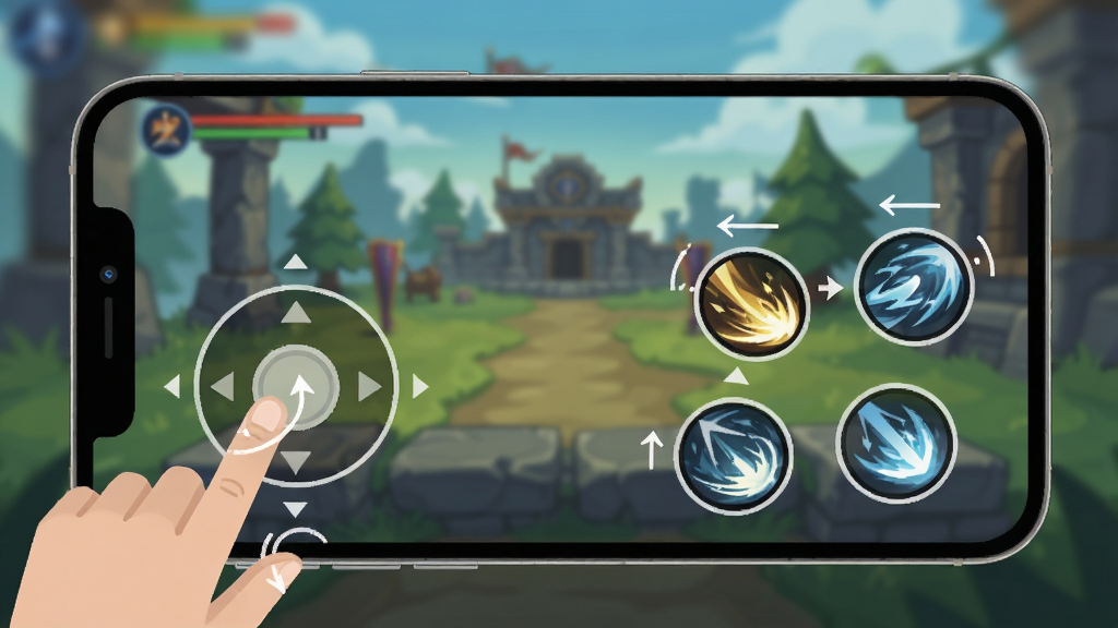 造梦无双新手操作界面示意图,手机屏幕展示虚拟摇杆与四个技能按键布局,画面标注按键位置与手指操作示意,背景为游戏关卡场景虚化处理,扁平化教学图示风格,清晰直观,干净无杂乱元素