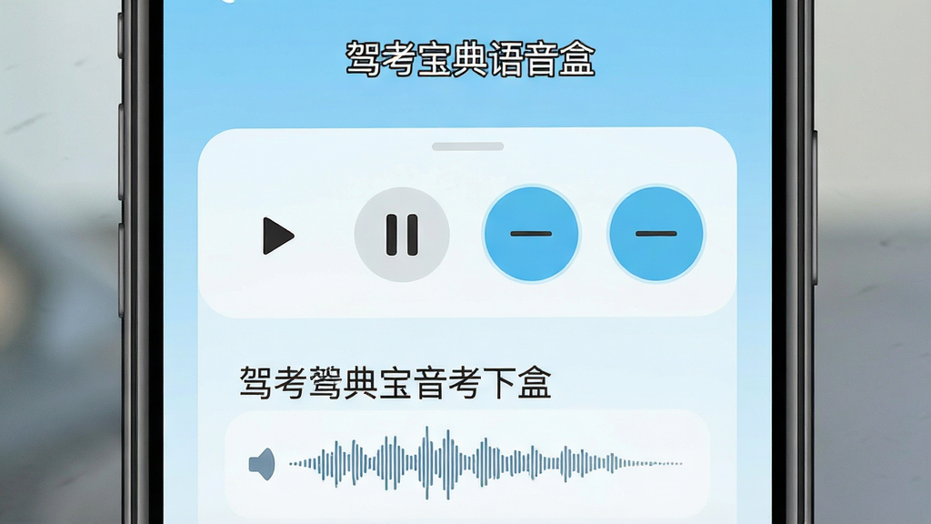 一张展示驾考宝典语音盒软件界面的手机屏幕截图,画面中央是简洁的语音播报控制面板,包含播放、暂停、上一题、下一题按钮,背景为浅蓝色渐变,顶部显示软件名称“驾考宝典语音盒”,下方有题目文字与语音波形图标,整体风格清爽现代,画质清晰,干净无多余元素