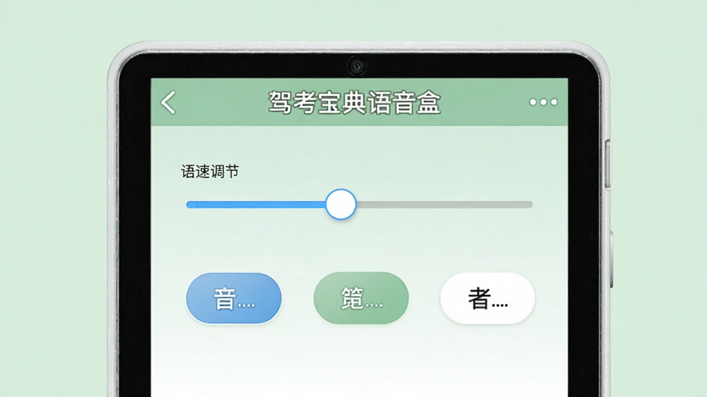驾考宝典语音盒的设置界面特写,屏幕上显示语速调节滑块和音色选择按钮,背景为柔和的浅绿色,界面元素排列整齐,带有“驾考宝典语音盒”字样,风格简洁明快,画质清晰,干净无多余元素