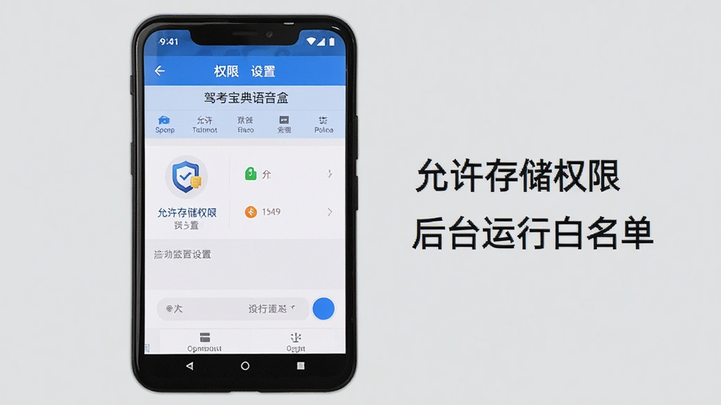 一部安卓手机屏幕显示驾考宝典语音盒的权限设置页面,旁边有提示文字“允许存储权限”和“后台运行白名单”,背景为浅灰色,风格简洁直观,画质清晰,干净无多余元素