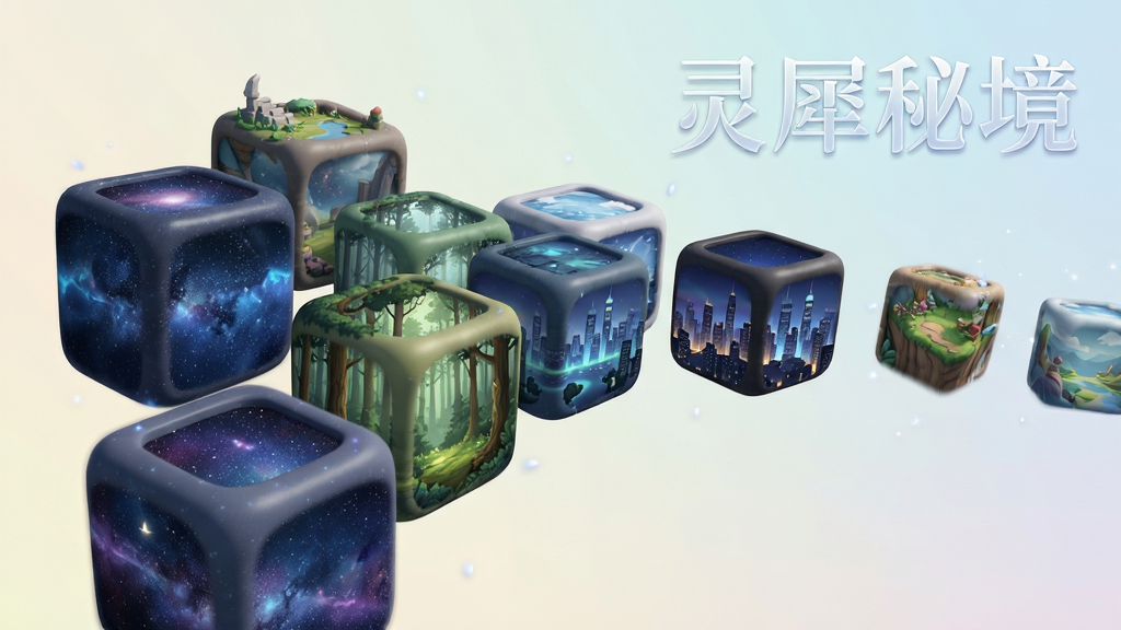 主体为多个悬浮的立体方块,每个方块表面呈现不同的场景缩影,如星空、森林、城市夜景;布局为方块呈弧形排列,由近及远层次分明;排版上“灵犀秘境”文字以半透明形式出现在画面右上角;风格为清新奇幻的3D插画风;细节包括方块边缘的圆角处理、场景缩影的细腻纹理、背景的浅色渐变;画质高清,画面干净,无多余元素