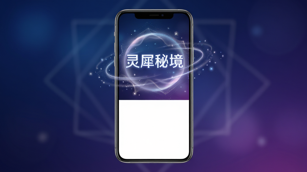 主体为一部竖屏智能手机,屏幕中央显示“灵犀秘境”四个发光文字,周围环绕柔和的光晕与星点粒子;布局采用居中对称构图,手机悬浮于画面正中,背景为深蓝渐变至紫色的虚化空间;排版上文字位于屏幕上半部,下方留出干净区域;风格为现代科技感与梦幻光影结合;细节包括手机边缘的金属质感、屏幕内流动的光线纹理、背景中若隐若现的几何线条;画质高清,画面干净,无多余元素