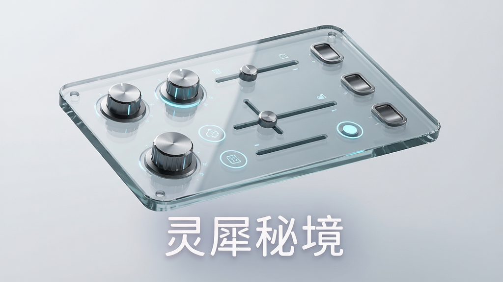 主体为一块悬浮的透明控制面板,面板上分布着圆形旋钮、滑动条与开关图标;布局为面板呈45度角倾斜展示,占据画面中部;排版上“灵犀秘境”文字以柔和光效出现在面板下方;风格为极简科技风;细节包括面板的玻璃质感、旋钮的金属光泽、图标的高亮状态;画质清晰,画面干净,无多余元素