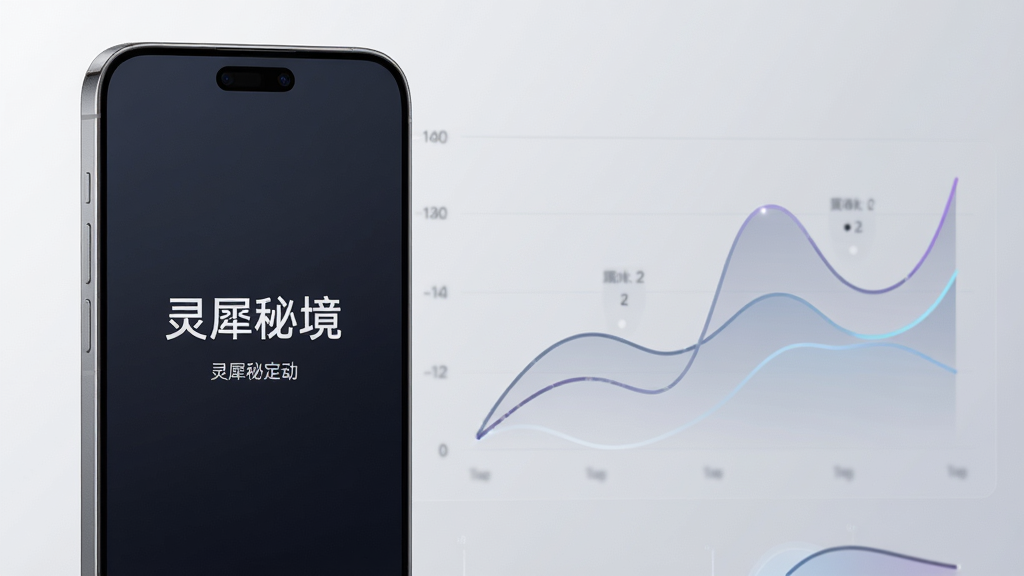 主体为一部手机与一组抽象的性能曲线图并排展示,手机屏幕显示“灵犀秘境”启动界面;布局为左侧手机、右侧曲线图,整体呈水平排列;排版简洁,文字信息集中于手机屏幕;风格为商务科技风;细节包括曲线图的平滑走势、手机边框的细腻质感、背景的浅灰渐变;画质高清,画面干净,无多余元素