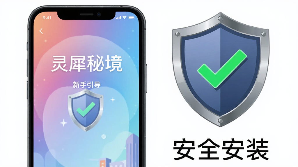 主体为一部手机屏幕显示“灵犀秘境”新手引导界面,旁边放置一个带有对勾的盾牌图标;布局为手机与盾牌左右呼应,整体居中;排版上文字“安全安装”以简洁字体出现在盾牌下方;风格为扁平化插画风;细节包括手机屏幕的渐变背景、盾牌的金属边缘、对勾的绿色高亮;画质清晰,画面干净,无多余元素