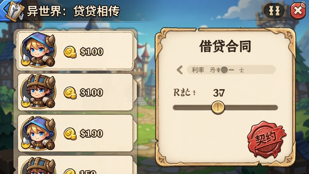 画面主体为“异世界:贷贷相传”游戏中的放贷经营界面,布局为左侧角色列表、右侧借贷合同面板,排版模拟手机游戏UI,风格为日系奇幻卡通,细节包括冒险者头像、金币数量、利率滑块与契约印章,画质清晰,画面干净,无多余元素