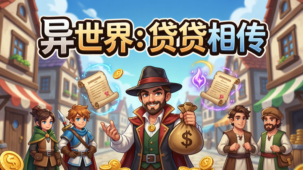 画面主体为一款名为“异世界:贷贷相传”的手机游戏宣传图,布局采用居中构图,上方是游戏标题文字“异世界:贷贷相传”,下方是奇幻异世界城镇街景与一位手持钱袋的放贷人角色,角色身旁有冒险者与商人围绕,排版清晰突出游戏名称与金融借贷主题,风格为日系奇幻卡通插画,细节包括金币、契约卷轴、魔法光效与欧式建筑,画质高清,画面干净,无多余元素