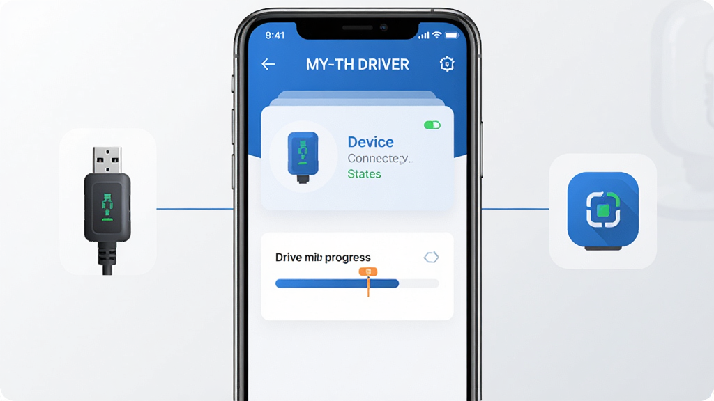 画面中央放置一部智能手机,手机屏幕显示“MY-TH DRIVER”软件主界面,界面中有设备连接状态卡片和驱动匹配进度条;手机两侧分别布局车载USB转换器与智能盒子图标,用细线连接表示识别关系;整体采用扁平化科技风格,配色以蓝白为主,背景干净浅灰渐变;细节上突出设备图标与状态指示灯,画质清晰锐利,无多余装饰元素