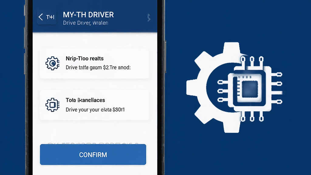 手机屏幕显示“MY-TH DRIVER”驱动匹配页面,页面中有两条驱动建议条目和蓝色确认按钮;手机右侧布局一个齿轮与芯片组合图标,象征驱动组件;整体采用简洁商务风格,配色为深蓝与白色,背景干净,画质清晰,无多余文字装饰