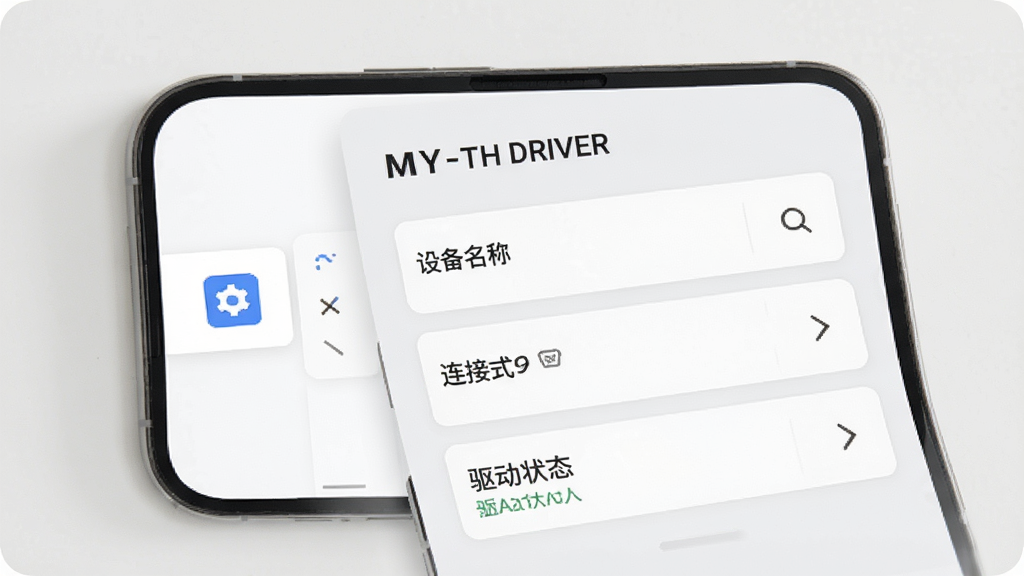 手机屏幕显示“MY-TH DRIVER”配置管理页面,页面中有设备名称、连接方式、驱动状态三行信息卡片;手机左侧布局一个简约的设置面板图标;整体采用素雅极简风格,配色为白灰与少量蓝色点缀,背景干净,画质清晰,无多余装饰
